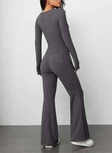 Herseas Women's 2 Piece Outfits Long Sleeve Button Down Tops Flared Pants Tracksuits Casual Lounge Set2