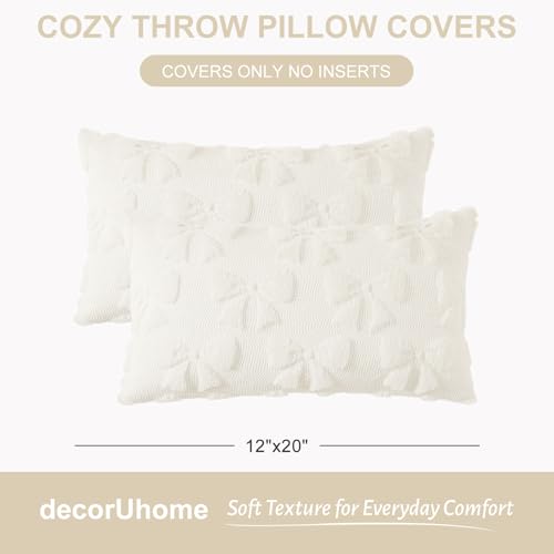 Image of decorUhome Cream White Bow Pillow Covers Set of 2 Coquette Aesthetic Cute Preppy Plush Faux Pillowcases for Girly Bedroom or Couch 12x20 Inch