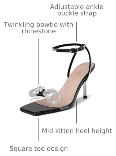 Image of Susanny Women's Closed Toe Rhinstone Wedding Low Heel Slingback Clear Kitten Heels,Adjustable Strap Pointed Toe Bow Pumps High Heeled Prom Dress Shoes