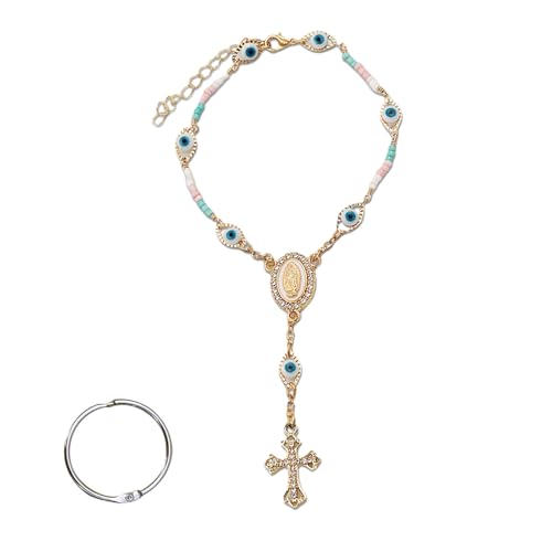 KNITUKL Car Rosary for Rearview Mirror, Evil Eye Pendant Car Interior Rear View Mirror Charm Auto Decors, Car Medal and Cross Personalized Hanging Accessories for Women Men (Golden-A)