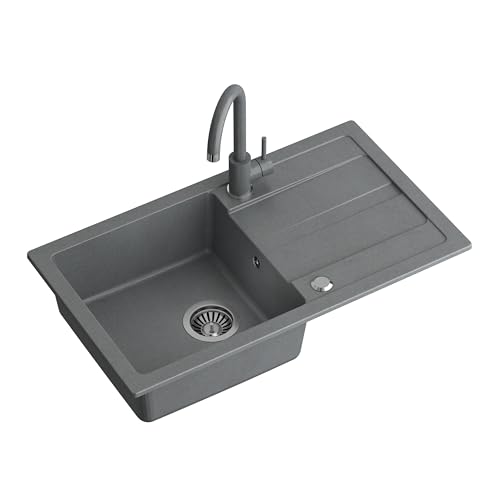 QUADRON Lavello in granito Lavello da cucina in granito | dimensioni 77 x 44 x 17,6 cm grigio | Lavello GO MAX Lavello da incasso con rubinetto da cucina | Lavello a vasca singola Lavello da cucina