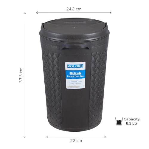 Image of KOLORR Stitch Round Plastic Dustbin with Swing Lid 8.5 Litres, Trash Bin, Garbage Waste Bin For Home, Bathroom, Kitchen, Office, Bedroom Dark Brown Color