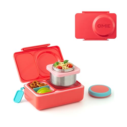Omie OmieBox UP bento Box for Kids | Insulated Lunch Box | Leak Proof Vacuum Insulated Thermal Food jar | Cooler ice Pack | 2 Compartments (Cherry Pink)