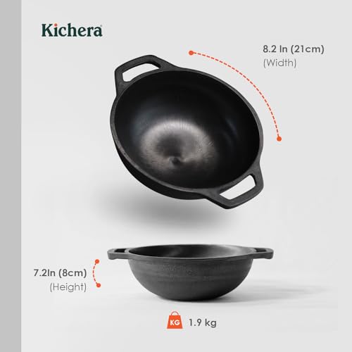 Image of Kichera Pre Seasoned Cast Iron Kadai with 2 Loop Handles (8 Inch) | Non Stick Super Smooth Cast Iron Kadhai 1.9kg | 1.5L Capacity | 21cm Diameter Wok for Deep Frying | Pure & Toxin-Free