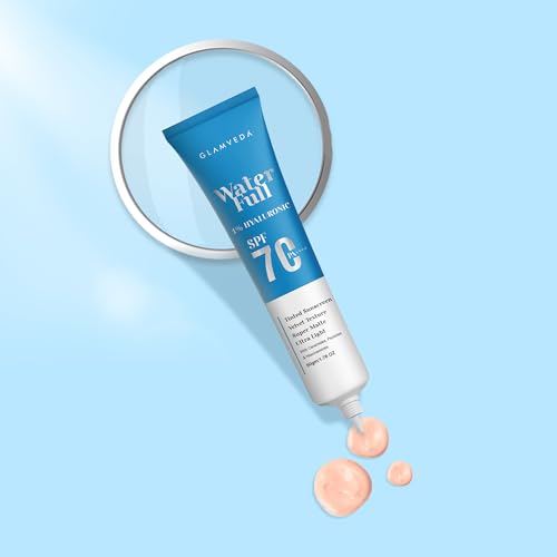 Glamveda Water Full 1% Hyaluronic Tinted Sunscreen SPF 70 PA++++ With Ceramides | No White Cast | Velvet Texture | Super Matte & Ultra Light | Broad Spectrum Protection | For All Skin Types | For Women and Men | 50g