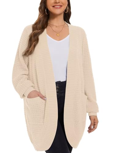 Image of LARACE Long Cardigans for Women Plus Size Tops Open Front Sweaters with Pockets Waffle Ribbed Sleeve Loose Fall Outwear
