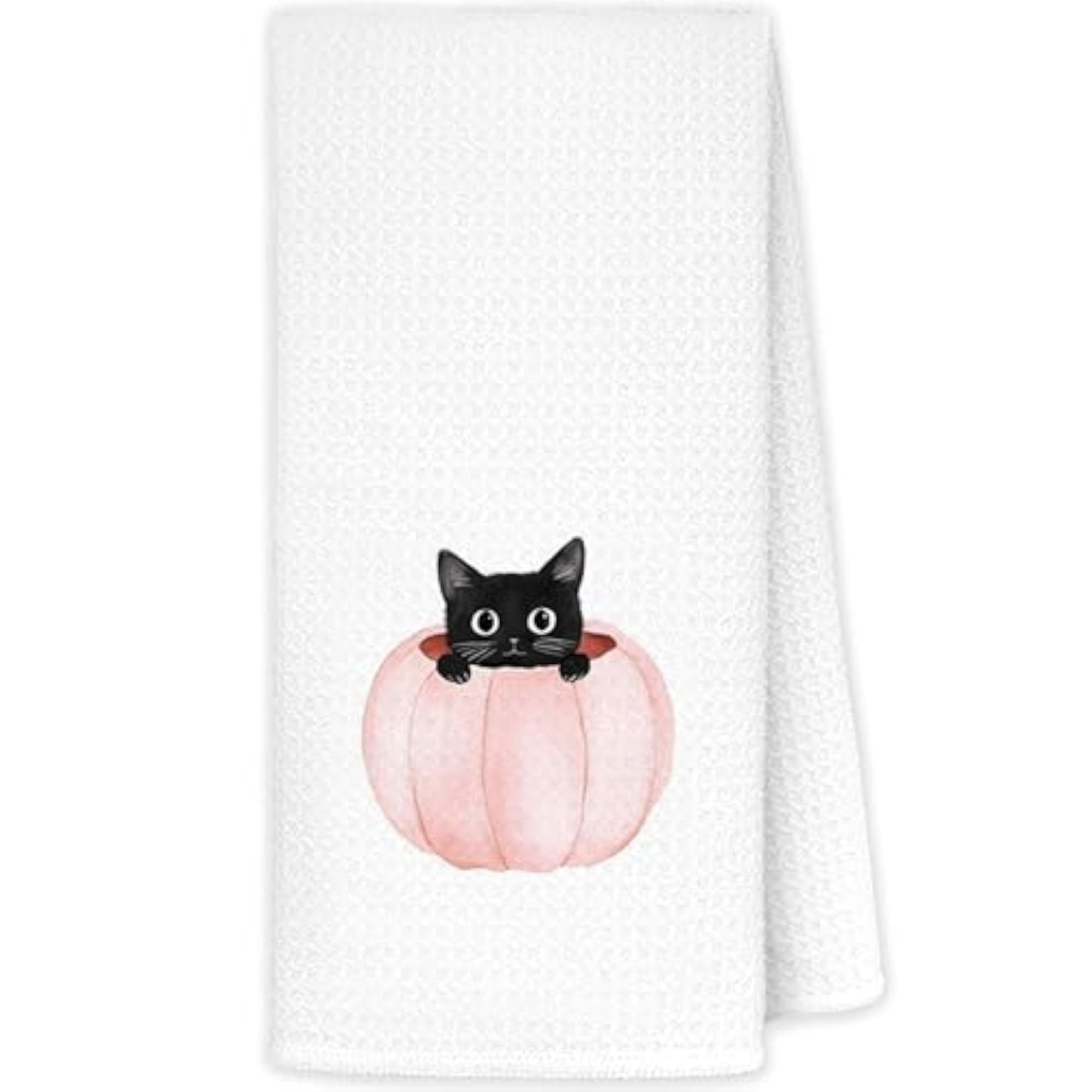 Pink Pumpkin Black Cat Fall Kitchen Towels, Set of 2