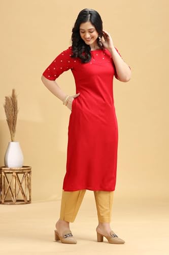 Image of Cotton Culture Red Embroidered Straight Kurta