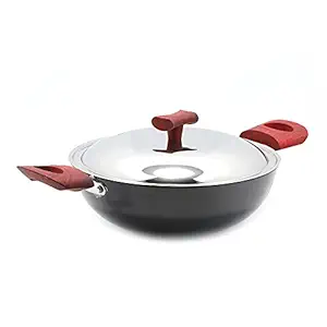 coconut Hard Anodised Round Base Kadai with Stainless Steel Lid -Capacity 3.25 litres - 3.25 MM Thickness- Dimension -26Cm