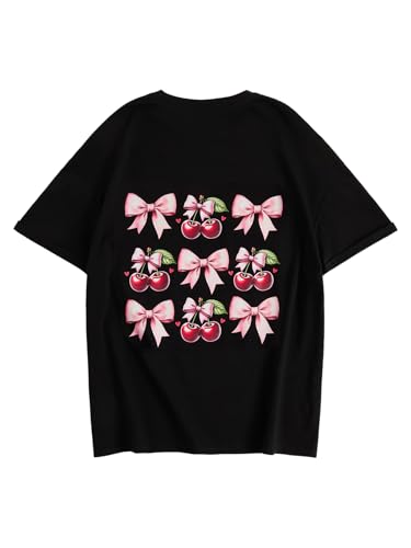 Image of Verdusa Girl's Graphic Tees Cute Bow Cherry Print Short Sleeve T Shirts Oversized Tee Tops