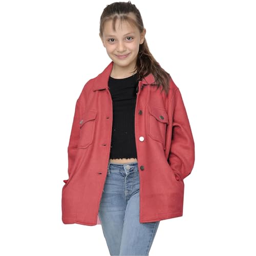 A2Z 4 Kids Girls Fleece Shacket Jacket Plain & Check Print Collared Coat Stylish Button Up Tunic Jacket - Jacket 828 Wine 9-10