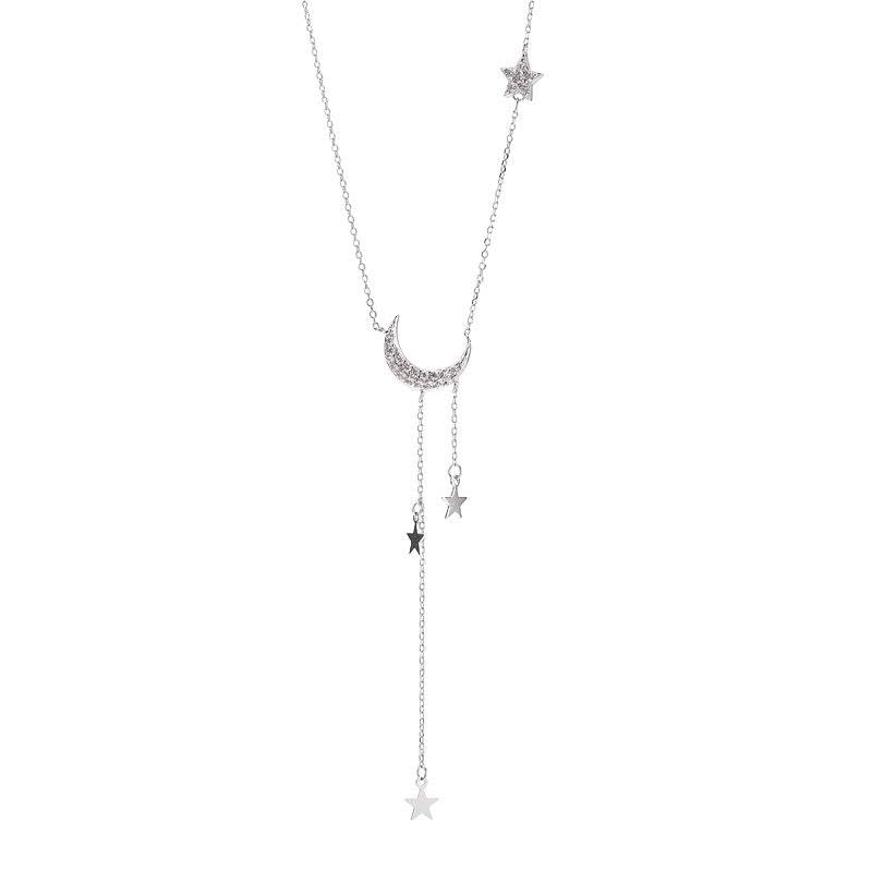 fashion jewelry 925 sterling silver necklace moon star diamond long tassel chain gold plated necklaces women (silver)