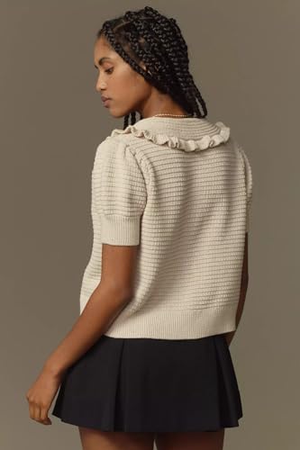 VAOYIU Women's Ruffle Collar Knit Cardigan Short Sleeve Button Down Sweater Top Vintage Cropped Ribbed Summer Outerwear3