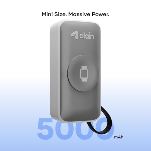 Image of alain Pocket Charge Pro 5000mAh Mini Power Bank | 22.5W Type-C & Lightning Fast Charging Output | 2.5W Wireless Charging | LED Indicators, Multi-Layer Protections, Android & iPhone Support (Grey)
