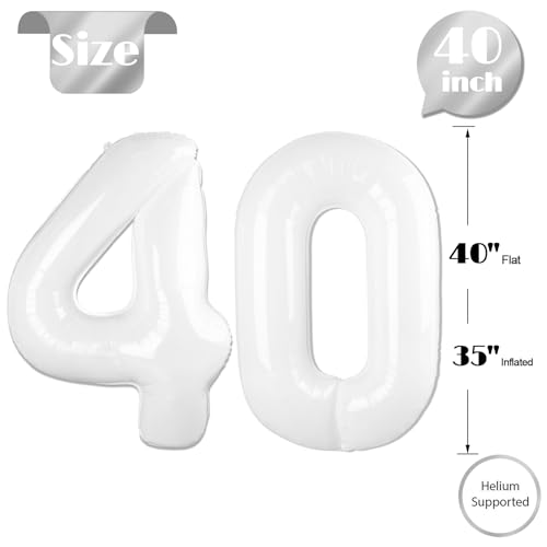 Image of White Number 40 Balloon 40 inch, Translucent 40 Number Balloons, 40th White Birthday Decorations for Women Men, 40 Year Old Party Supplies
