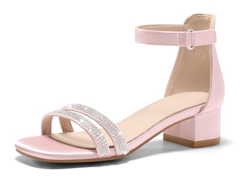 Image of Coutgo Girls Dress Shoes Sandals Chunky Low Heels Rhinestone Strap Flower Girl Wedding Party Shoes