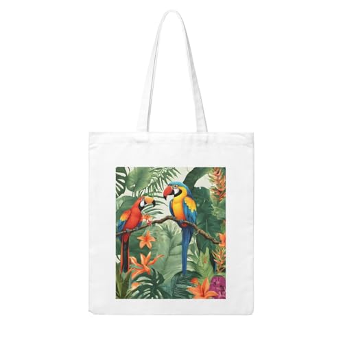 (Macaw And Toucan Perching Of Rainforests) Reusable Canvas Tote Bag For Women Shoulder Bag For Shopping Grocery Beach Travel Work