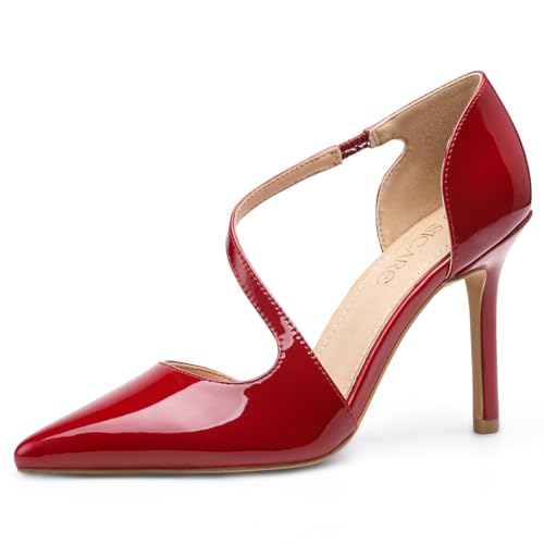 Image of Women's Pointed Toe High Heel Pumps, Elegant Asymmetric Cross Strap D'Orsay Stiletto Strappy Heels, Glossy Patent Dress Shoes for Wedding, Party, and Office
