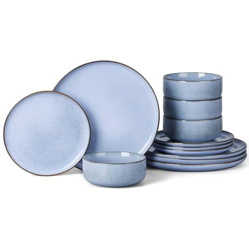 Onader 12 Piece Dinner Set, Reactive Glaze Stoneware Dinnerware for 4 People, Elegant Plates and Bowls Sets for Kitchen Christmas Camping, Scratch Resistant, Microwave & Dishwasher Safe - Lagoon Blue