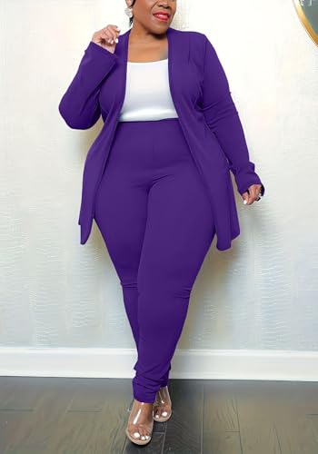 Women's Plus Size 2 Piece Outfits Open Front Blazer and High Waisted Long Pant Suit Set Business Loungewear2