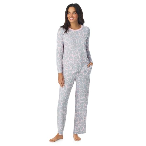 Cuddl Duds Womens 2 Piece Matching Pajamas & Lounge Set - Cozy Soft Loungewear & Sleepwear - Long Sleeve Crewneck Sleep Pajama Shirt & Long PJs Pants with Pockets Sets for Women Grey Hearts L