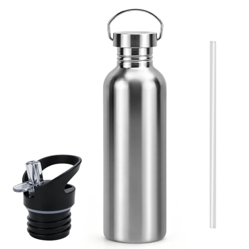 QGGTQG Botella Agua Acero Inoxidable 1L Sin BPA con 2 Tapas Intercambiables