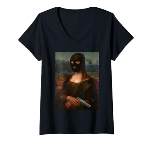 Idea regalo divertente e creativa retrò e vintage per chi ama l'arte e la storia, soprattutto i dipinti di Leonardo Da Vinci. in quanto include la Gioconda con maschera da sci e pistola