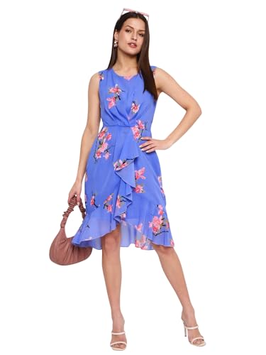Image of Martini Women Western Dress | Premium Georgette | Sleeveless | Floral Print | Ruffles | Stylish (Blue Red - XS to L)