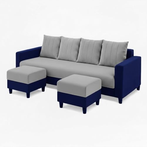 Image of STRIKON Plush 6 Seater L Shape Sofa Set with 2 Movable Ottoman | Flexible Layout |Silken Velvet Suede | Designer Sofa for Living Rooms & Office Spaces (Light Grey & Dark Blue)