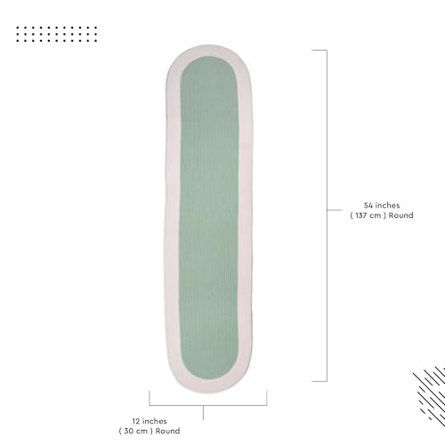 Image of Encasa XO Table Runner for 4 Seater | Handmade Ribbed Style Cotton | 30x137 cm | Sage & Off White | for Dining & Center Table