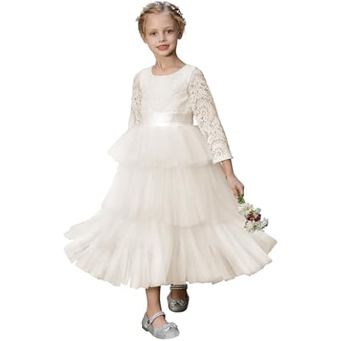 MCieloLuna Elegant Tulle Floor Length Flower Girl Dresses for Teens Long A Line Long Sleeves Princess Pageant Tutu Dress withBelt Ivory Size 12 Cover