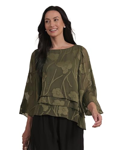 Lace Blouses for Women Dressy Casual Flutter 3/4 Length Sleeve Chiffon Top Round Neck Floral Elegant Business Work Shirt Olive