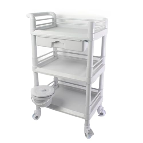 Jirrtco ABS医療用カート 回診車 ワゴン 2棚式美容院ローリングカート(ハンドル付き) 病院用備品収納トロリー 54x37x90cm (3段+引き出し)