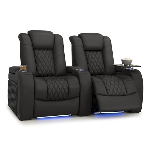 Image of Seatcraft Diamante Black Italian Leather Home Theater Seating, Zero Gravity Power Recliner Gaming and Home Office Chair, Powered Headrest Lounge Sofa Furniture for Cinema Room, Row of 2