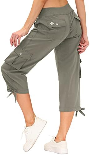 MoFiz Women's Cargo Hiking Pants Lightweight Quick Dry Running Capri Pants Athletic Workout Casual Outdoor Button Pockets Grey Khaki 2XL