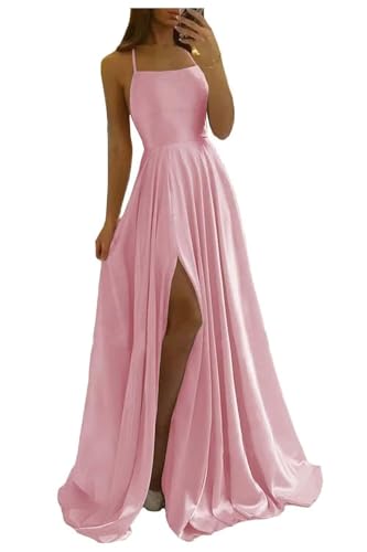 Image of Women Long Formal Dress Solid Satin Spaghetti Straps A Line Evening Cocktail Dresses with Slit