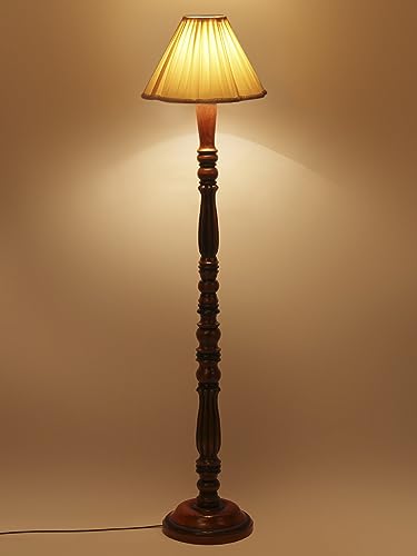 Image of Vintage Cotton Shade Wooden Floor Lamp - Height 53 Inches | Classic Standing Lamp for Living Room, Bedroom & Office | Stylish Home Decor Lighting with Elegant Wooden Base