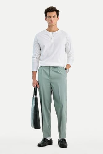 Image of SNITCH Men Trousers Formal Wear | Relaxed Fit Straight Leg Pleated Front & Turned-up Hem Design | Polyester Blend Medium-Stretch Fabric for Office Meetings & Daily Professional Use