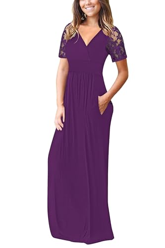 Image of AUSELILY Maxi Dresses for Women 2026 Lace Short Sleeve V Neck Wrap Long Dress with Pockets