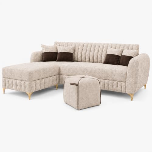 Image of CASASTYLE Signature Velour 4-Seater L-Shape Sofa Set with Movable Ottoman & Suri Pouf | Flexible LHS /RHS Layout | Boucle Weave Fabric | 40D Foam + Zigzag Spring | 3-Yr Warranty (Sandstone Beige)