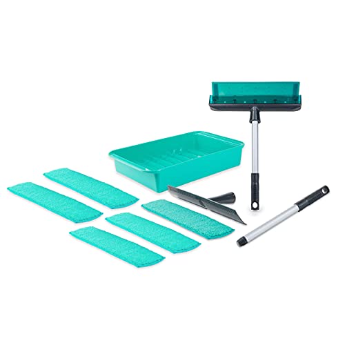 Genius Fensterwischer Set 10 TLG - Fensterputzer + Handgriff Wanne & Mikrofaserbezug | Fenster-Reiniger für streifenfreie Sauberkeit an Fenster Dusche Fliese + Autoscheibe Grün