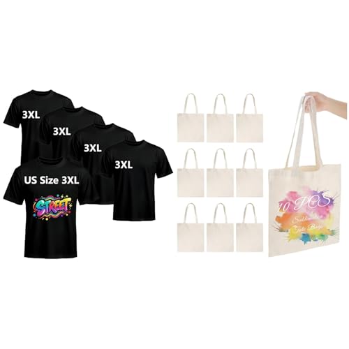 Joyclub Bundle of 5 PCS Black Blank t Shirts and 10 Pack Sublimation Tote Bags Blanks Large 15 x 16 in with Long Handle