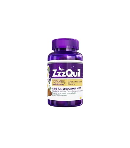 ZzzQuil Sommeil - Gommes arôme naturel mangue banane - Complément alimentaire à base de valériane, camomille, lavande, vitamine B6 et de mélatonine - 60 gommes