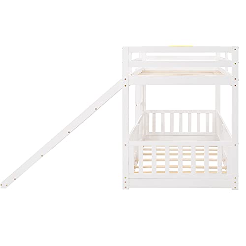Softsea Junior's Twin Over Twin Low Bunk Beds With Slide, Kid's Bunk Bed With Fence And Ladder #TOP4