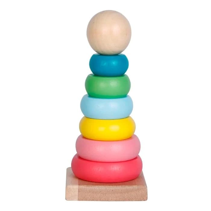 Torre de Empilhar Montessori Madeira Argolas Coloridas 13x6 cm