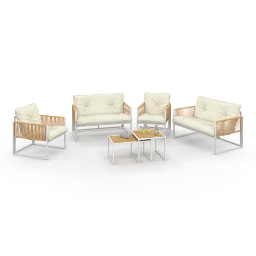 IDMarket - Salon de Jardin Bas Rio 6 Places Structure métal Blanc et Cordage Effet rotin avec Coussins Beige