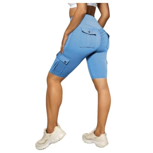 Nuofengkudu Shorts Mujer Deporte Cintura Alta Push up Bolsillos Cargo Pantalon Corto Deporte Rodilla Elasticos Leggings Cortos Deportivo Shorts Gym Fitness Running Jogging Azul Cielo XL