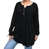 Plus Size Tunic Top Women V Neck Button Long Sleeve Casual Flower Spot Spring Autumn Shirt Solid Black