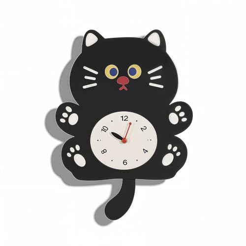 FASHION in THE CITY Adorable Cat Themed Swing Wall Clock, Silent Pendulum Clock, Easy to Read Analog Clock for Cat Lovers, Nursery, Kitchen, Cute Home...