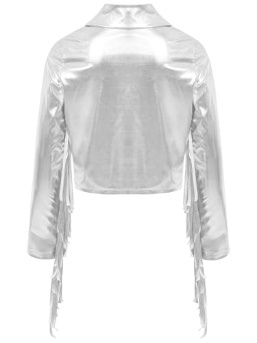 FEESHOW Girls Metallic Tassel Bomber Jacket Jazz Hip Hop Dance Tops Sparkly Long Sleeve Zipper Fringe Coat Outwear4